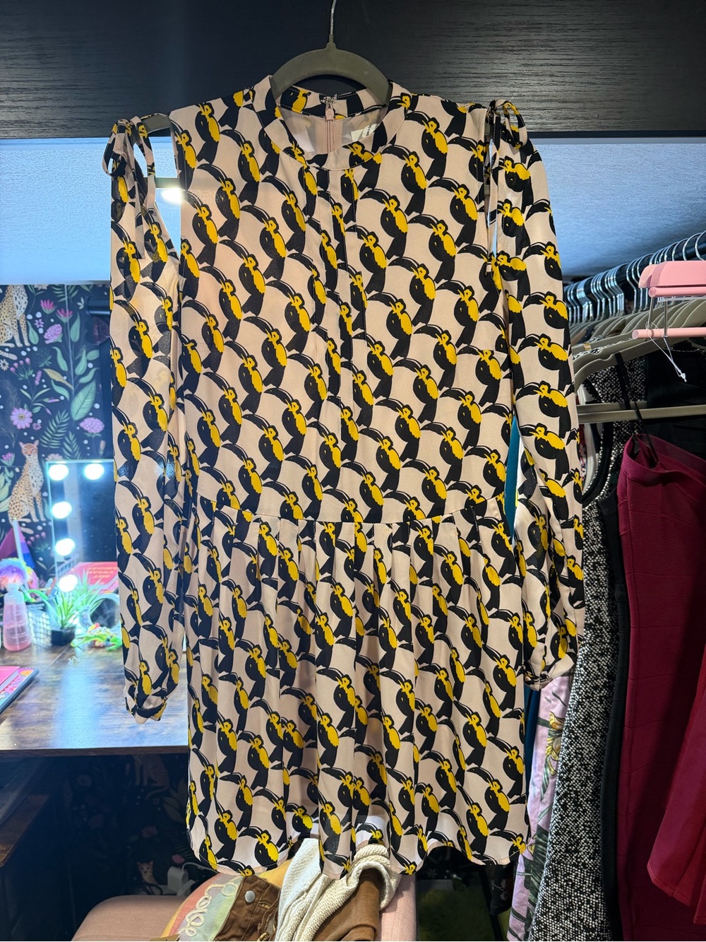 Avec Les Filles Long-Sleeve Toucan Print Dress in Yellow and Black